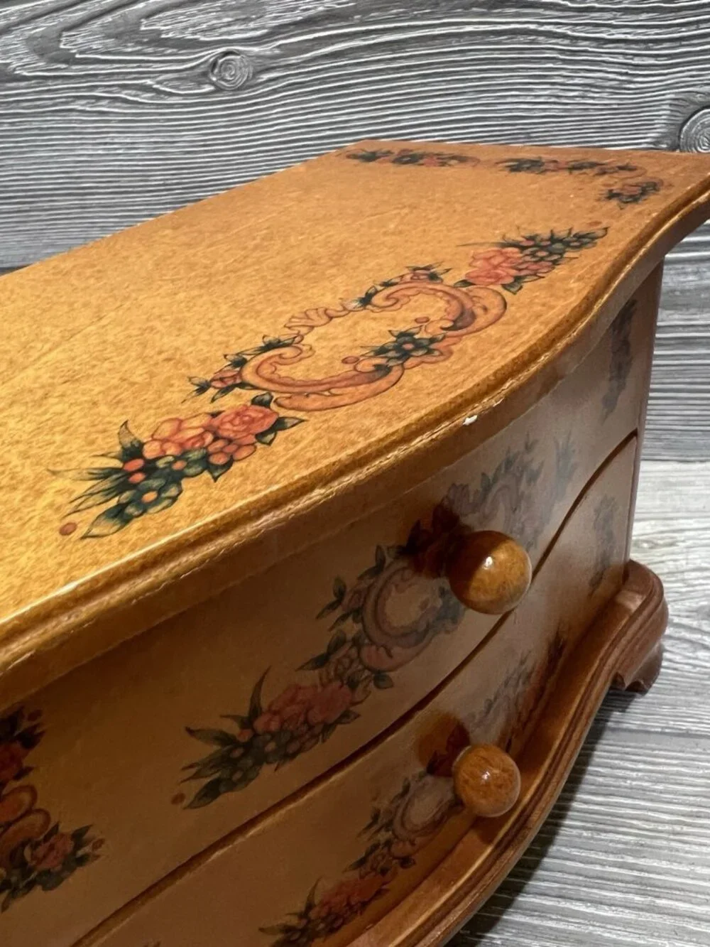 Vintage 1980s WoodenJewelry Box with Mirror Floral Design Felt Lined READ